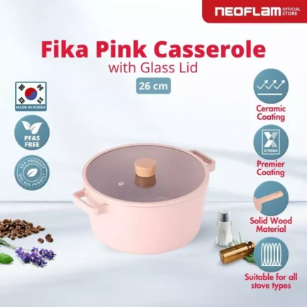 Neoflam FIKA Casserole Pan Pink With Glass Lid - 26CM