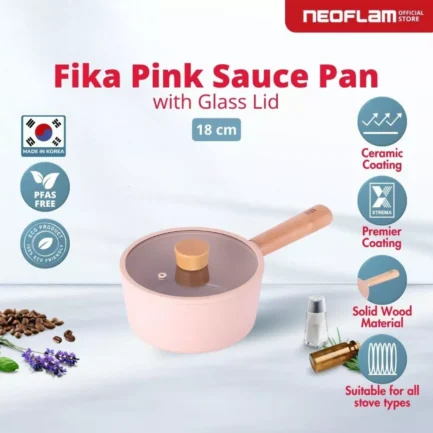 Neoflam FIKA Sauce Pan Pink with Glass Lid - 18CM