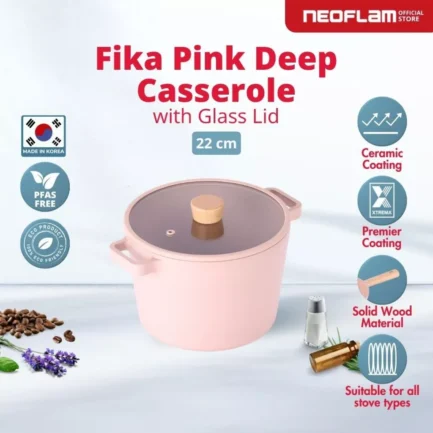 Neoflam FIKA Deep Casserole Pan Pink With Glass Lid - 22CM