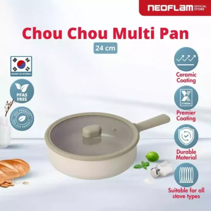 NEOFLAM CHOU CHOU Forged Multi Pan Beige 24 CM With Glass Lid - Wajan Serbaguna dengan Tutup Kaca Anti Lengket & Tahan Gores