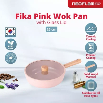 Neoflam FIKA Wok Pan Pink With Glass Lid - 26CM