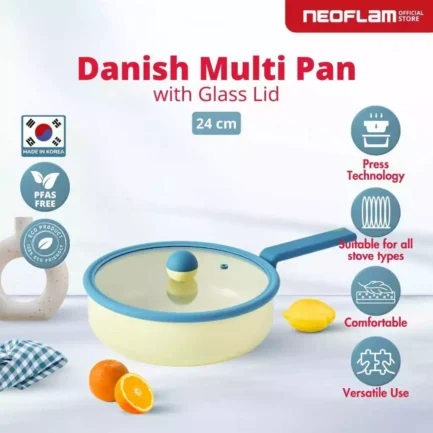 NEOFLAM DANISH Forged Multi Pan 24CM With Glass Lid - Wajan sebaguna dengan Tutup Kaca Anti Lengket & Tahan Gores Ceramic