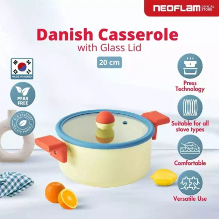 NEOFLAM DANISH Forged Casserole 20 CM With Glass Lid - Panci sebaguna dengan Tutup Kaca Anti Lengket & Tahan Gores Ceramic
